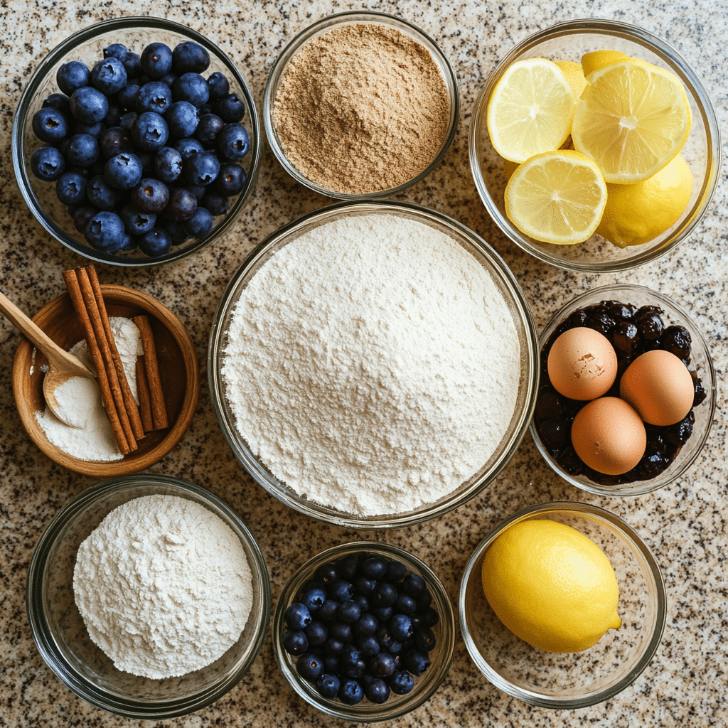 Ingredients for blueberry coffee cake including blueberries, flour, butter, eggs, milk, and cinnamon