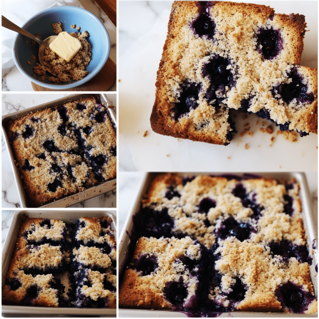 Four panel collage of making blueberry coffee cake with streusel topping