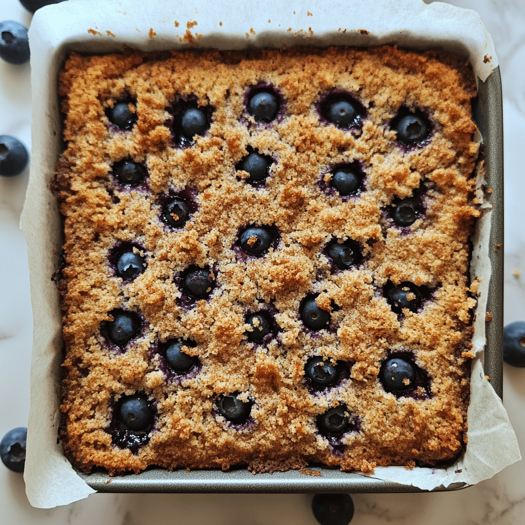 Overhead view of blueberry coffee cake with cinnamon streusel in a square pan