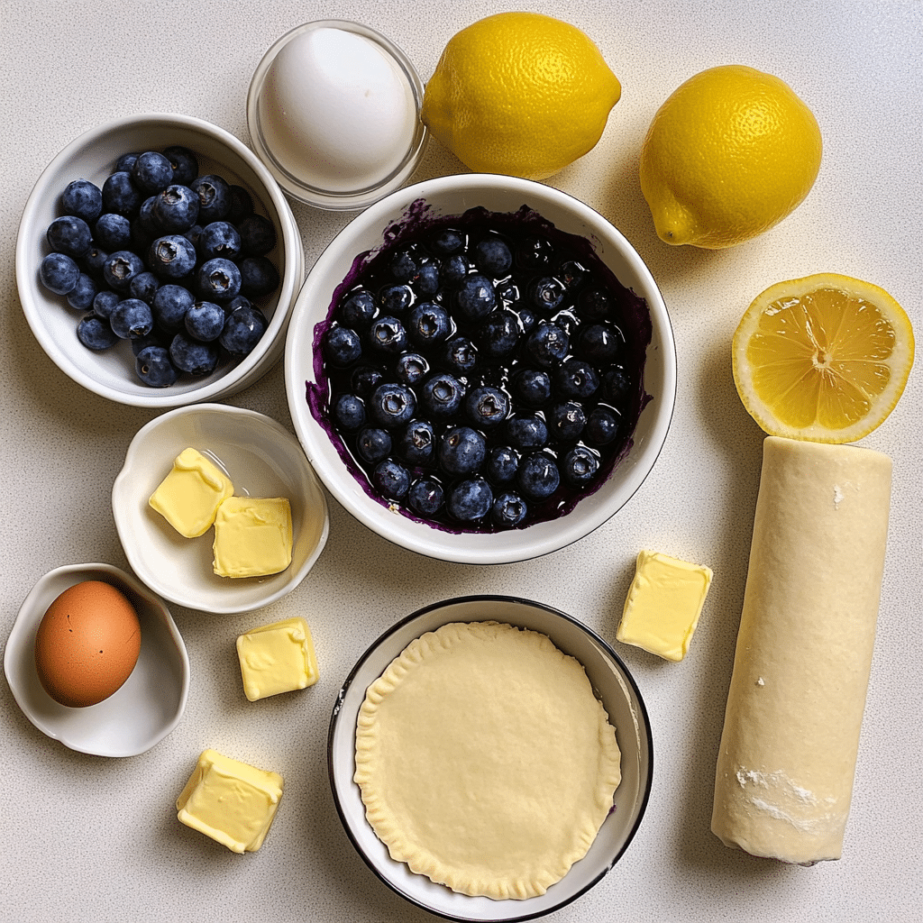 ingredients for blueberry pie including blueberries sugar cornstarch lemon and pie dough
