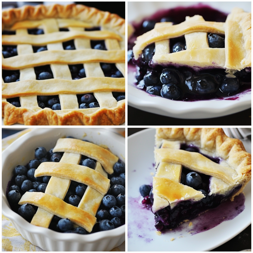 four panel collage showing steps to make blueberry pie