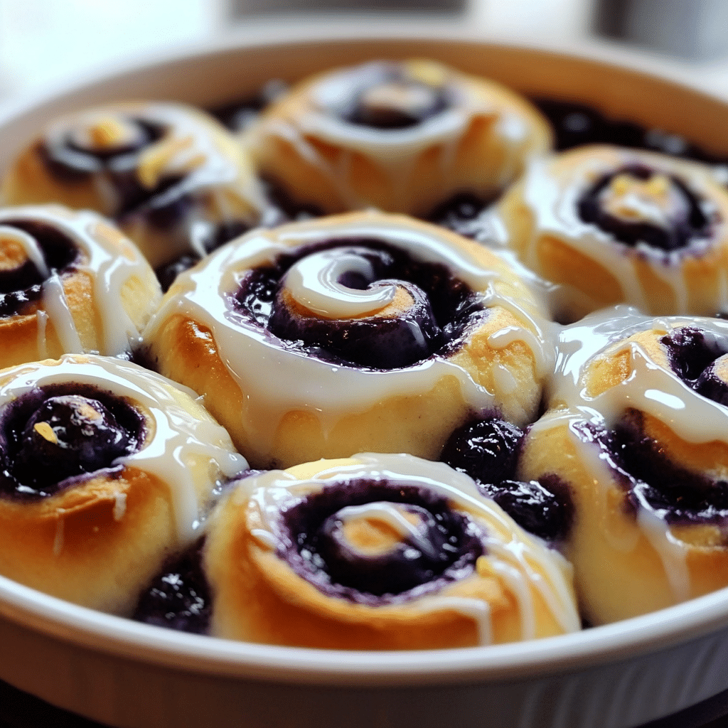 Blueberry sweet rolls in a pan with lemon glaze
