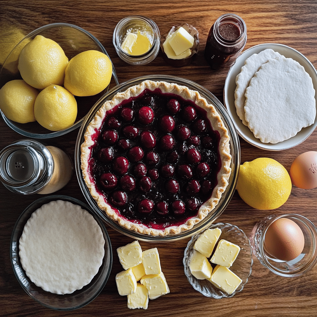 ingredients for cherry pie including cherries sugar cornstarch lemon and pie dough
