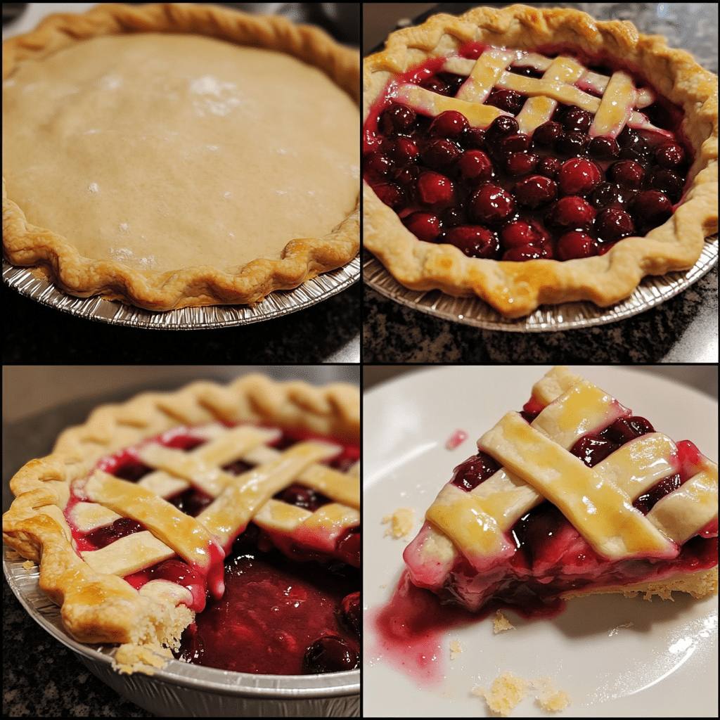 four panel collage showing steps to make cherry pie