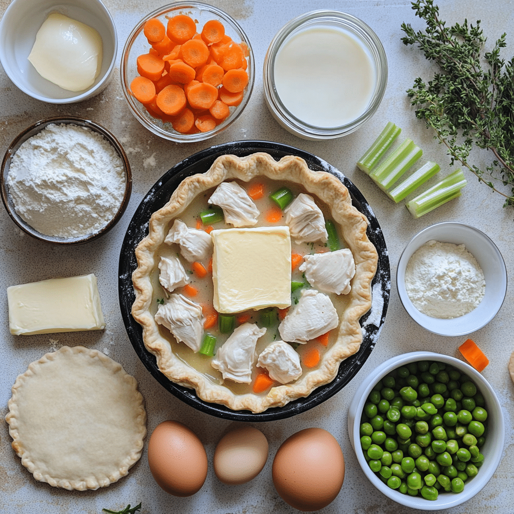 ingredients for chicken pot pie including chicken pieces vegetables broth milk and pie dough