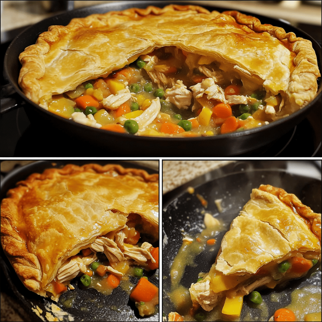 four panel collage showing steps to make chicken pot pie