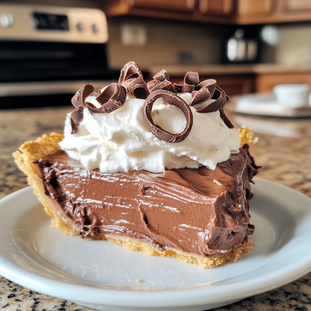 slice of french silk pie with whipped topping and chocolate curls