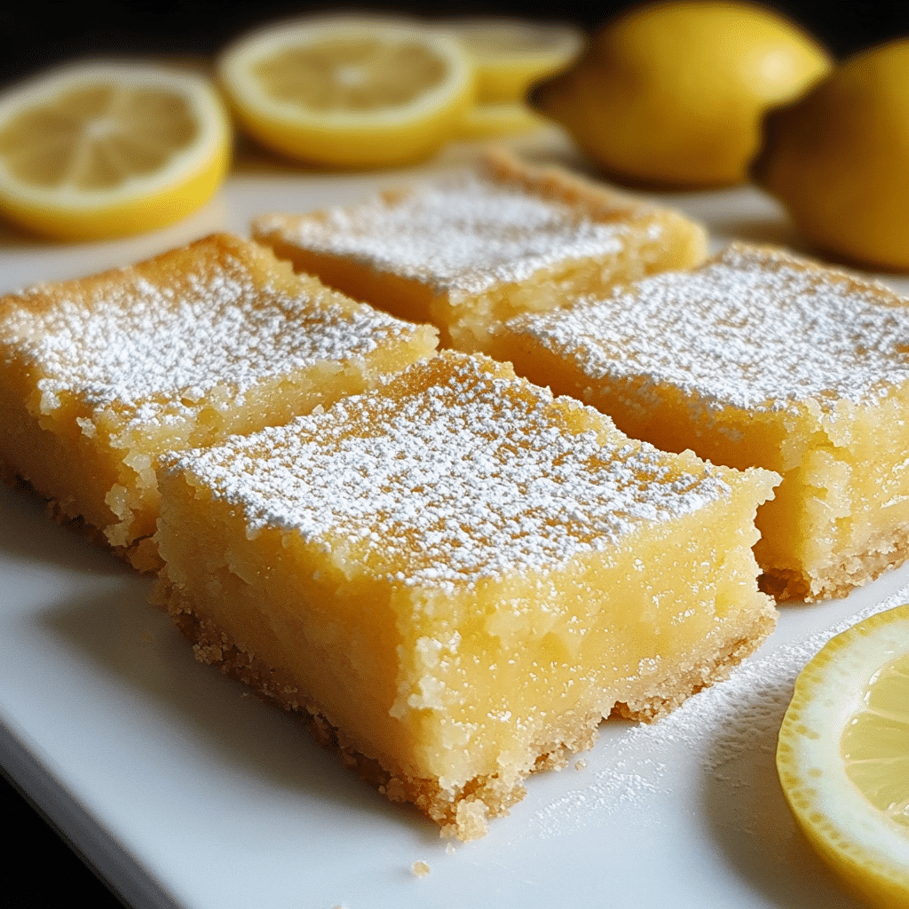 Lemon bars with powdered sugar on a platter