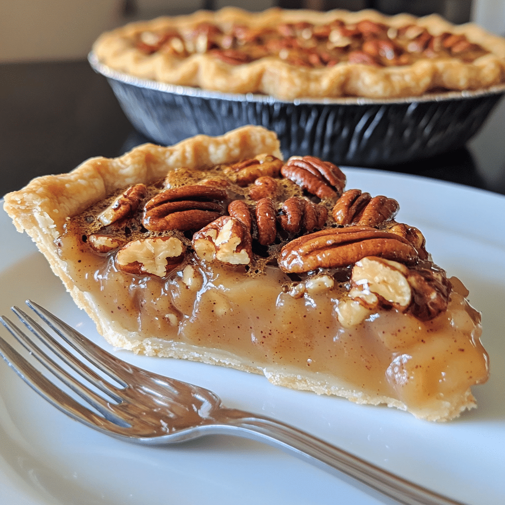 slice of pecan pie with gooey filling and toasted pecans