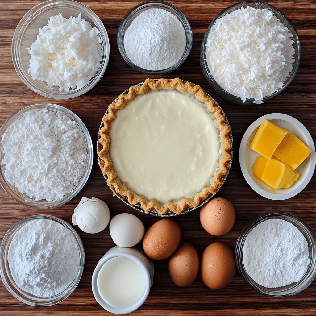 ingredients for coconut cream pie including coconut milk egg yolks sugar cornstarch and shredded coconut