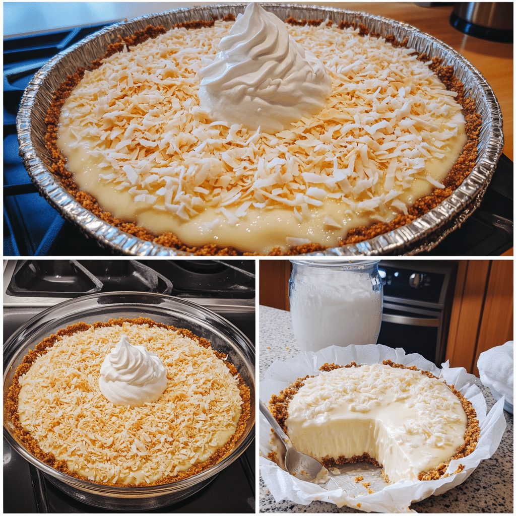 four panel collage showing steps to make coconut cream pie