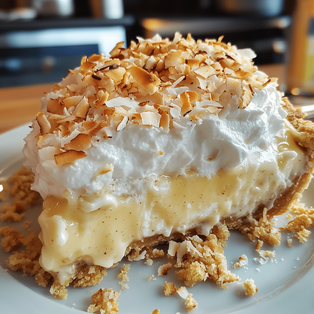 coconut cream pie slice with whipped topping and toasted coconut
