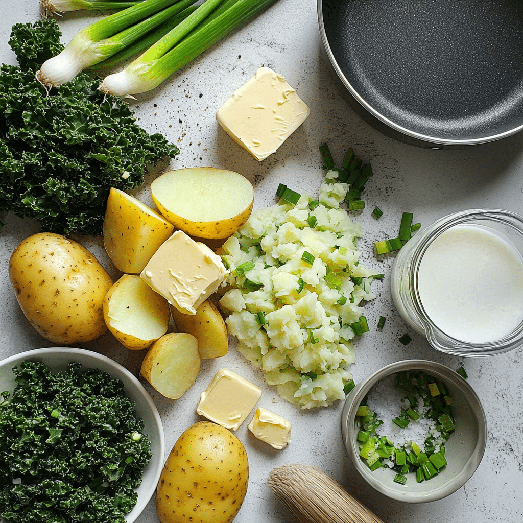 Ingredients for colcannon including potatoes, chopped greens, green onions, butter, and milk