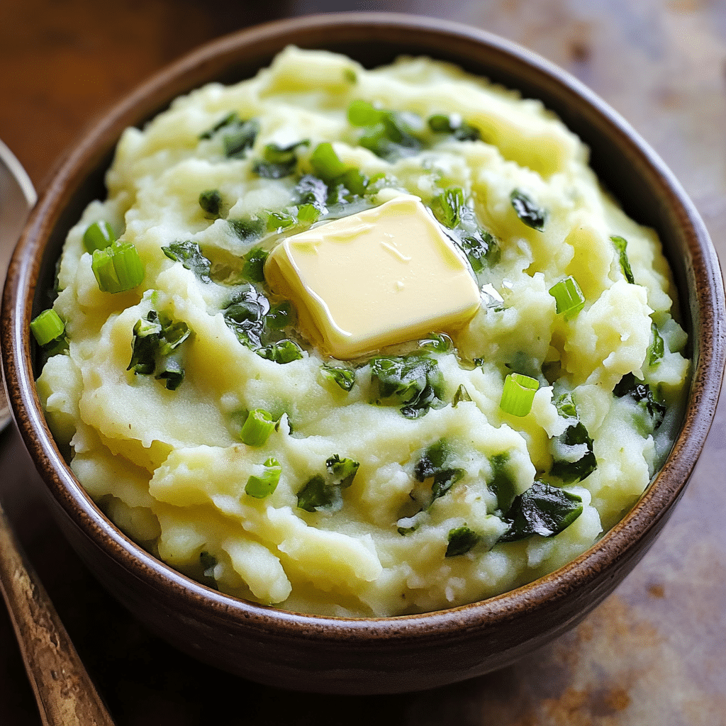 Bowl of colcannon mashed potatoes with greens and melted butter on top