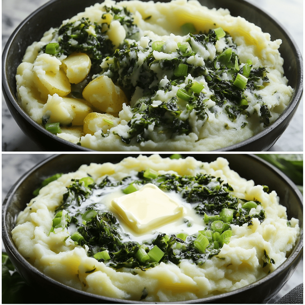 Four panel collage of making colcannon mashed potatoes with greens and butter