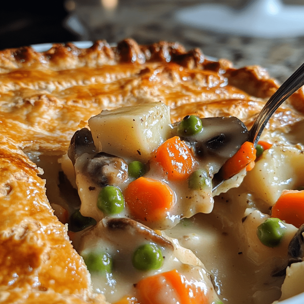 vegetable pot pie with flaky crust and creamy vegetable filling