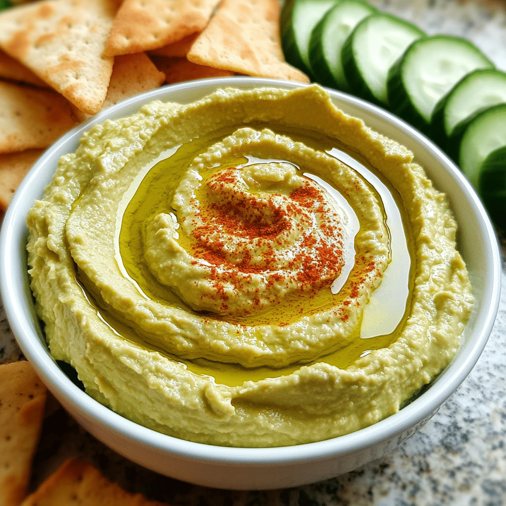 bowl of avocado hummus with olive oil drizzle and pita chips