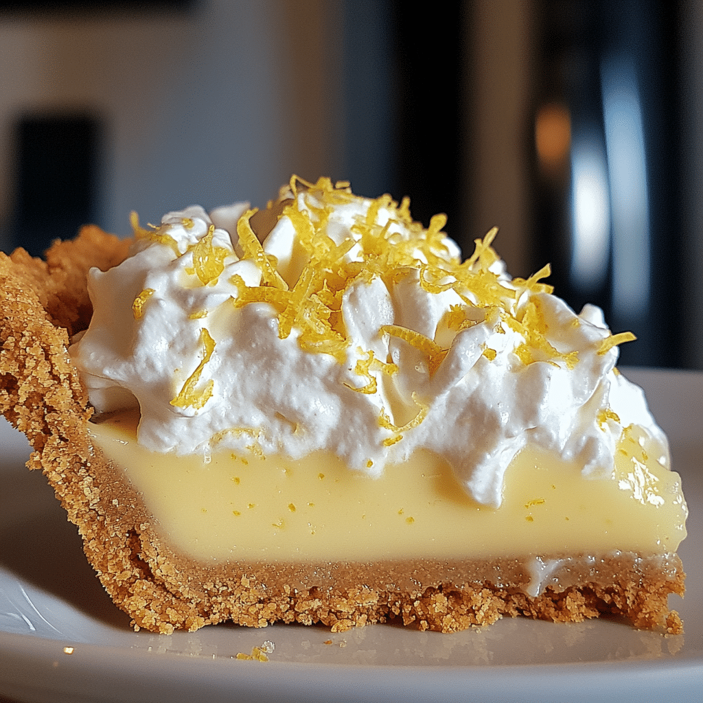 Slice of lemon icebox pie with whipped topping and graham cracker crust