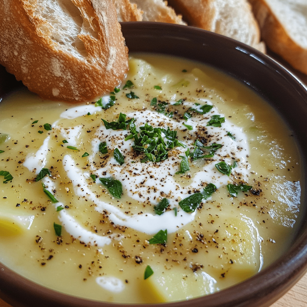 bowl of potato leek soup topped with herbs and pepper