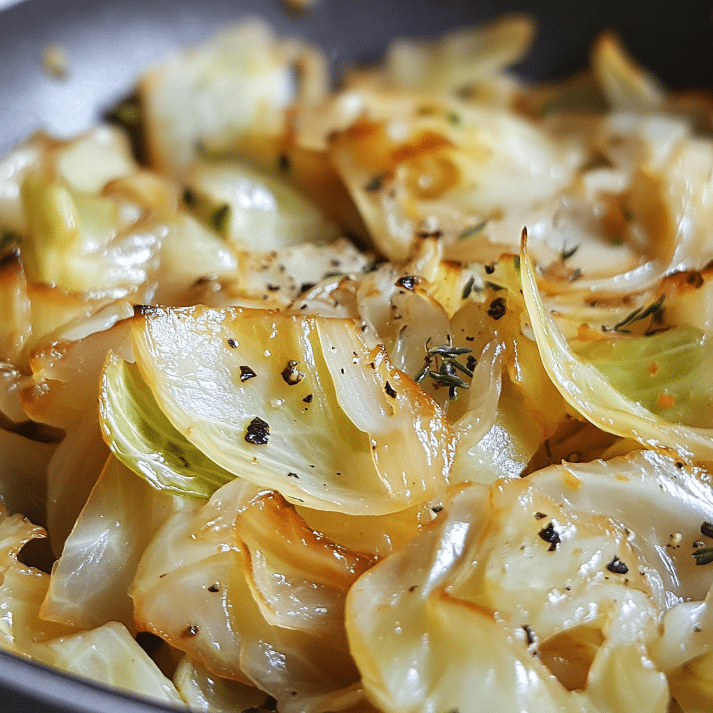 sautéed cabbage in skillet with caramelized edges