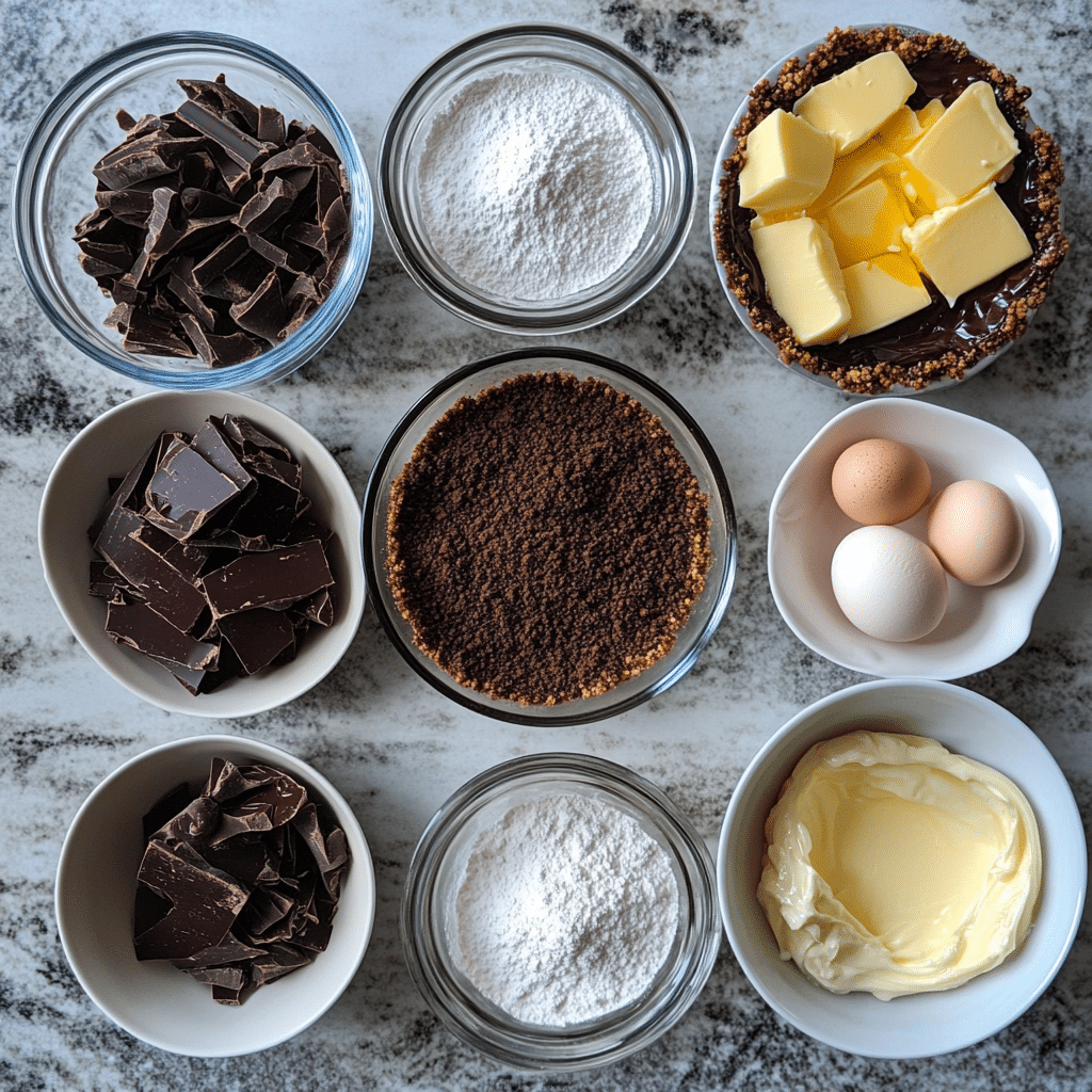 ingredients for french silk pie including chocolate butter eggs cream and cookie crumbs