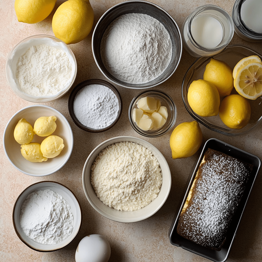 Ingredients for greek yogurt lemon pound cake including greek yogurt, lemons, flour, butter, eggs, and powdered sugar