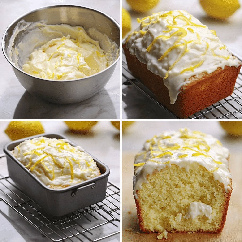Four panel collage of making greek yogurt lemon pound cake and glazing the loaf