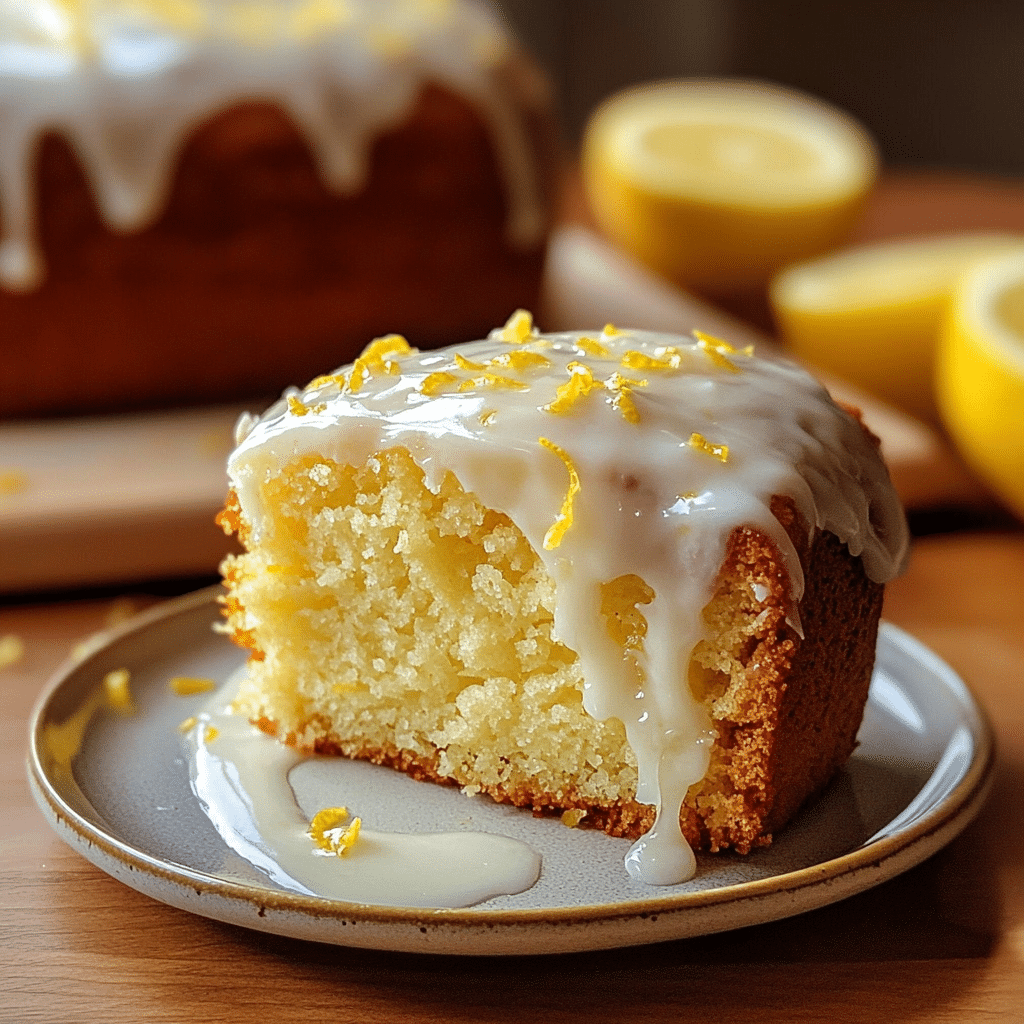 Slice of greek yogurt lemon pound cake with lemon glaze and zest