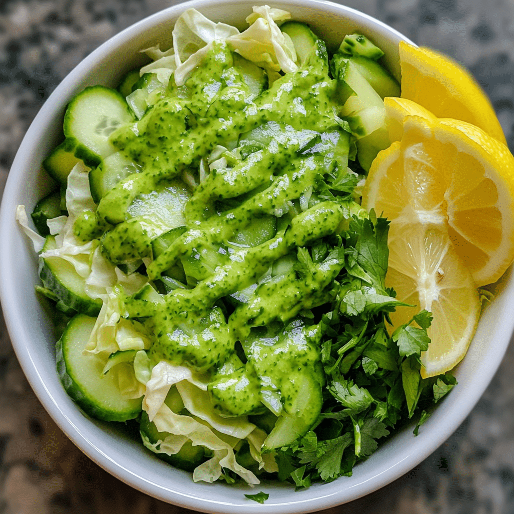 green goddess salad with chopped cabbage cucumbers herbs and green dressing