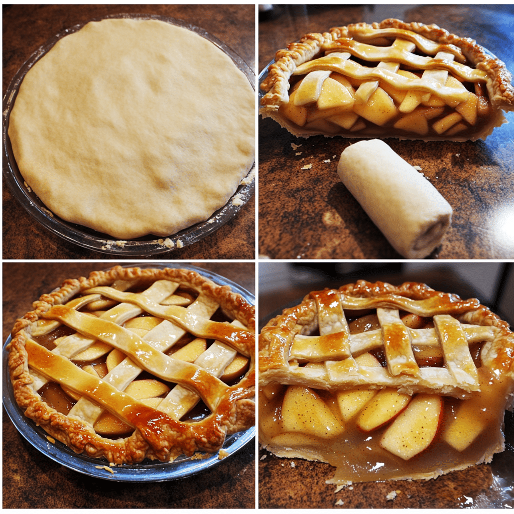 four panel collage showing steps to make homemade apple pie