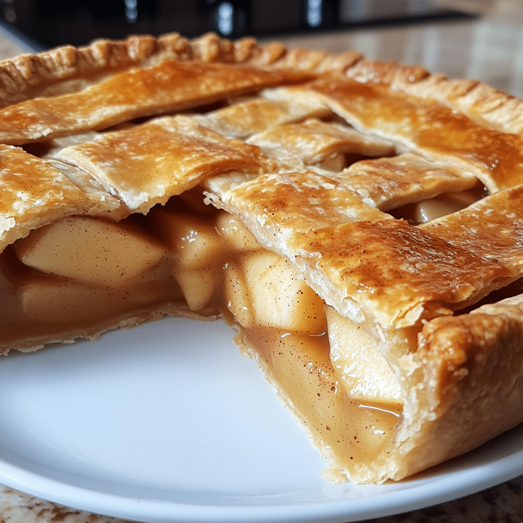 homemade apple pie with flaky double crust and cinnamon apples