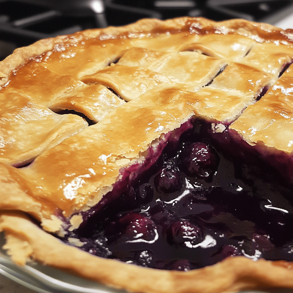 blueberry pie with flaky crust and thick blueberry filling