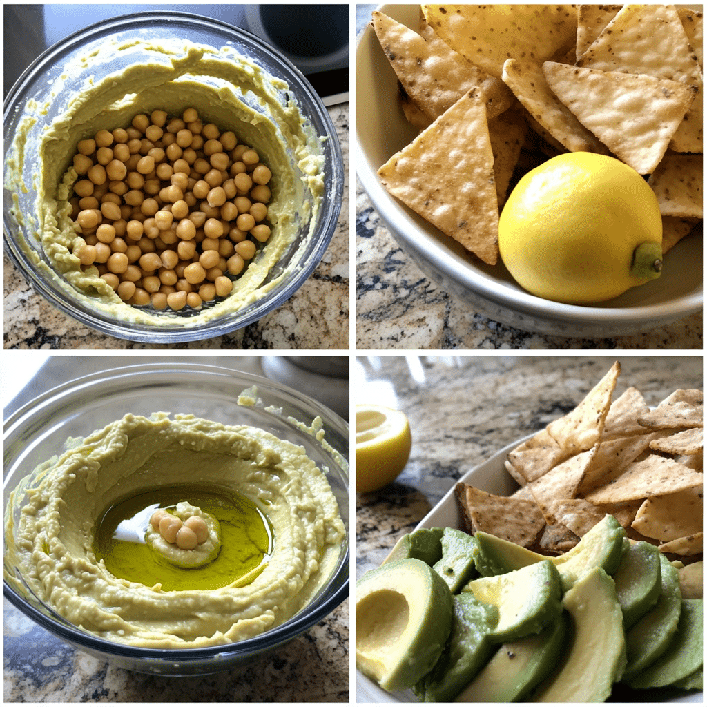 four panel collage showing steps to make avocado hummus