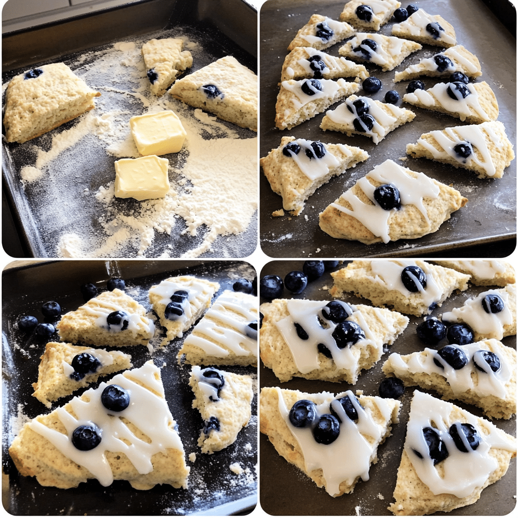 Four-panel collage of scone dough steps and baked scones