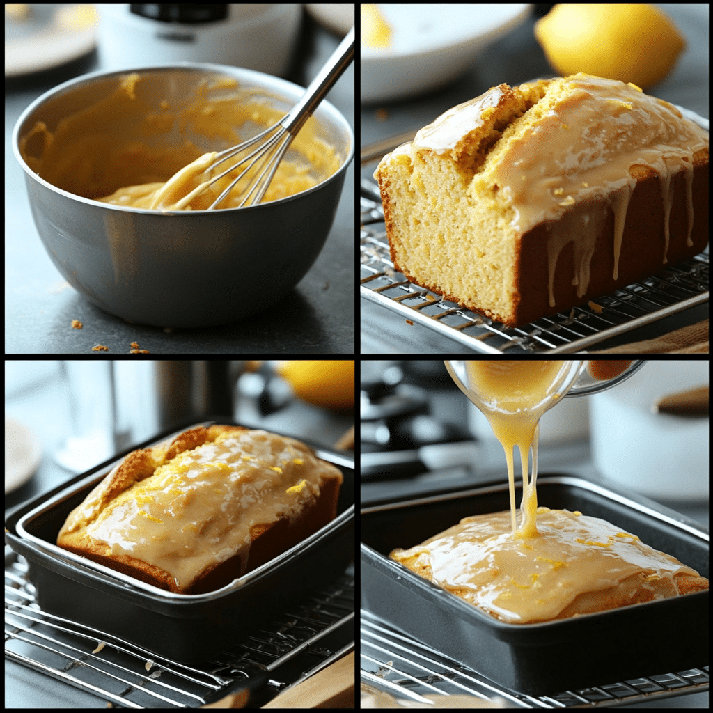 Four-panel collage of mixing, baking, cooling, and glazing loaf