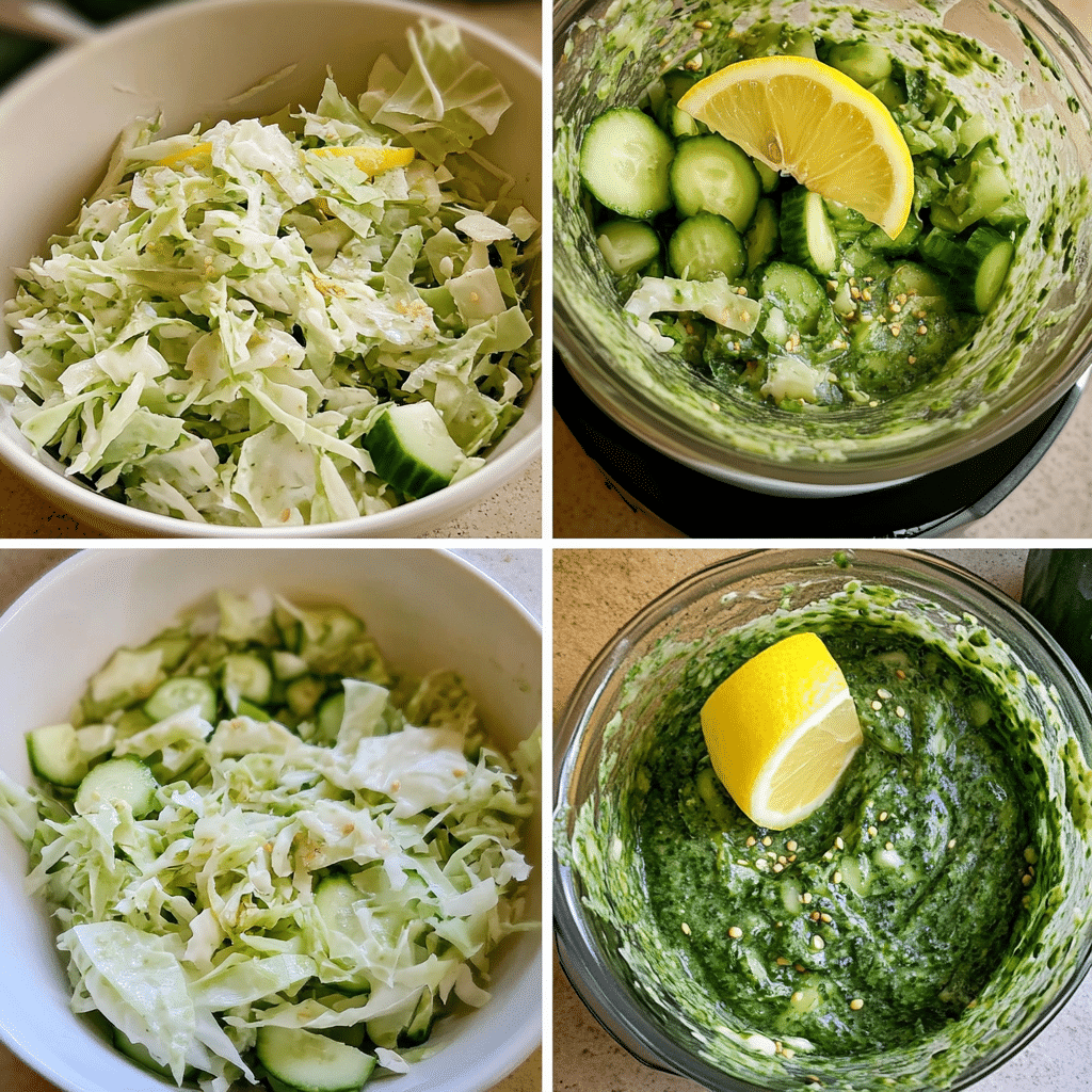 four panel collage showing steps to make green goddess salad and dressing