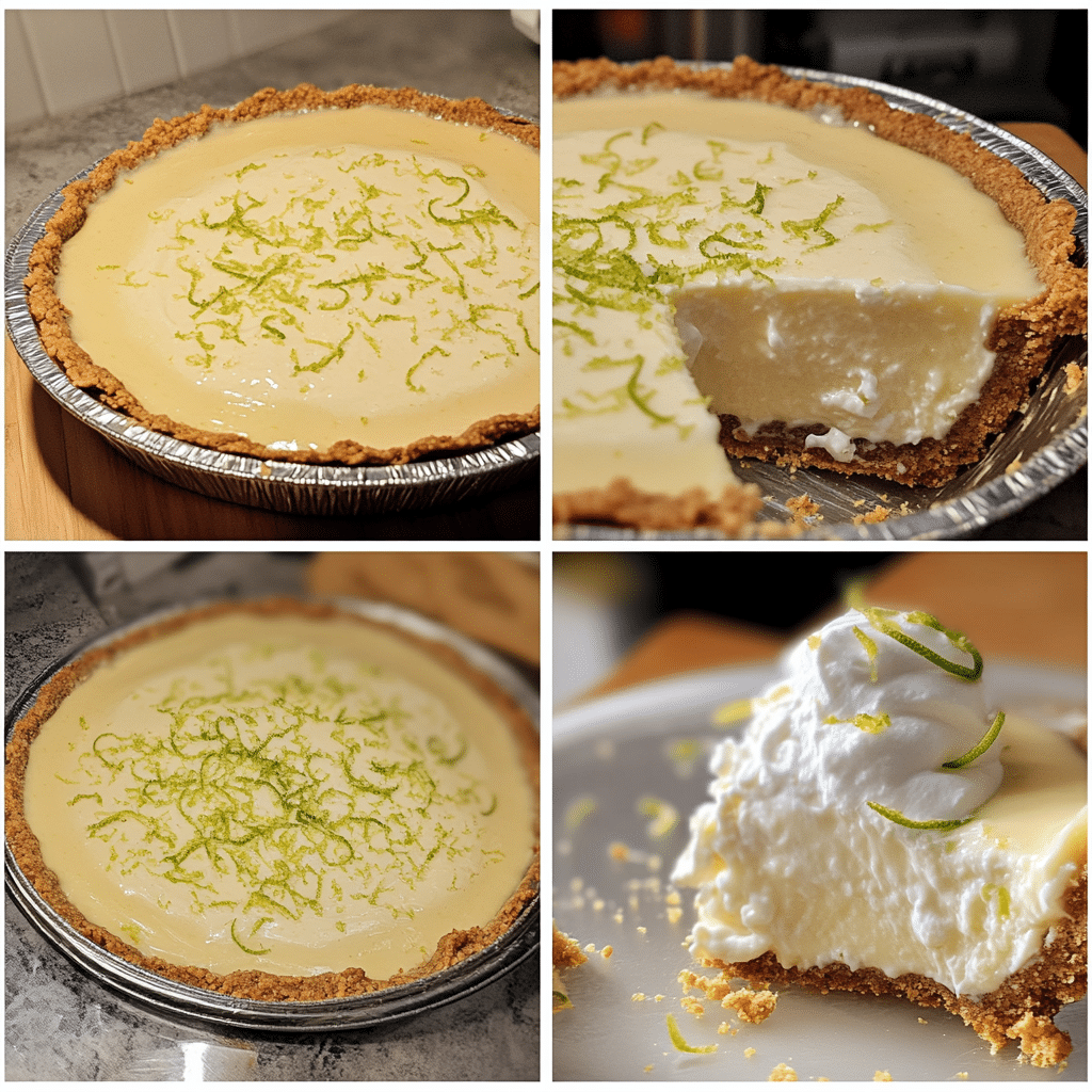 four panel collage showing steps to make key lime pie