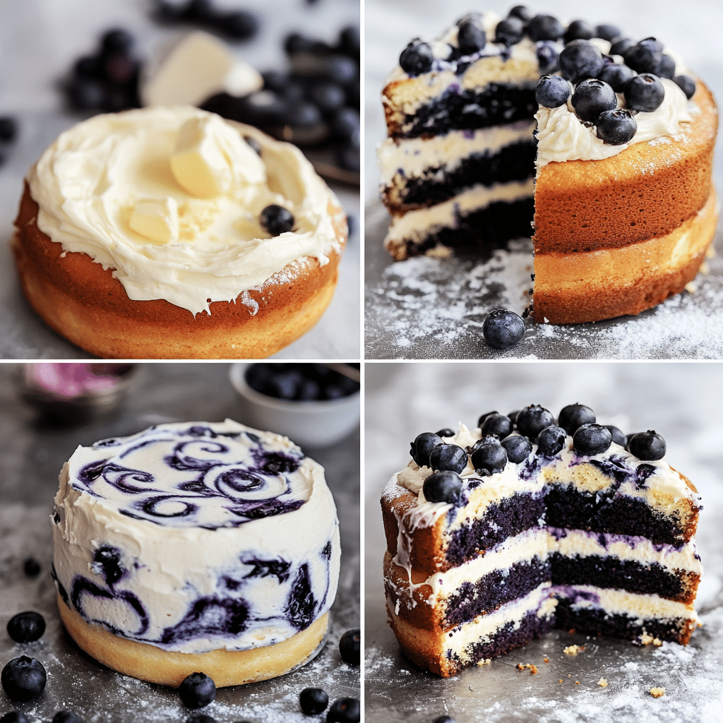 Four-panel collage of mixing batter, adding blueberries, frosting layers, slicing cake
