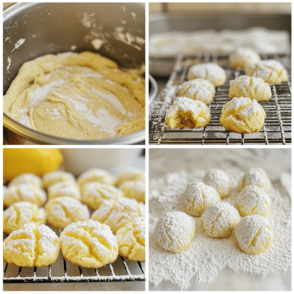 Four-panel collage of mixing, chilling, rolling, and baking cookies