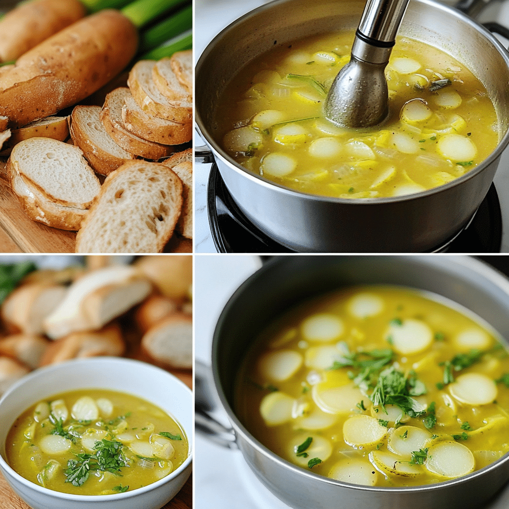 four panel collage showing steps to make potato leek soup