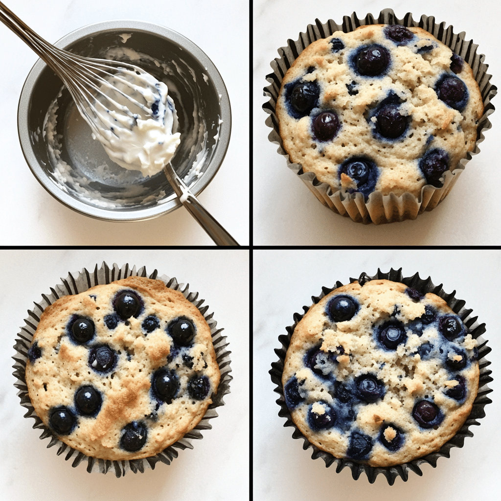 Four-panel collage of mixing, folding berries, scooping, cooling