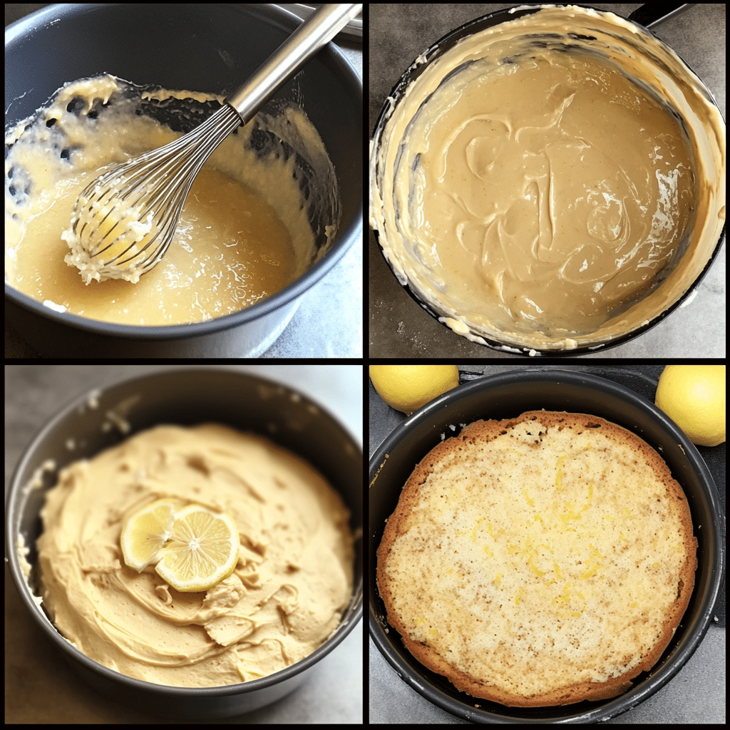 Four-panel collage of mixing, adding discard, cooling cake, glazing