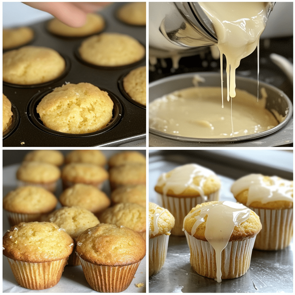 Four-panel collage of mixing, baking, cooling, and glazing lemon poppy seed muffins
