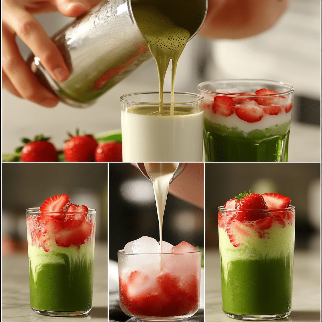 four panel collage showing steps to make iced strawberry matcha latte