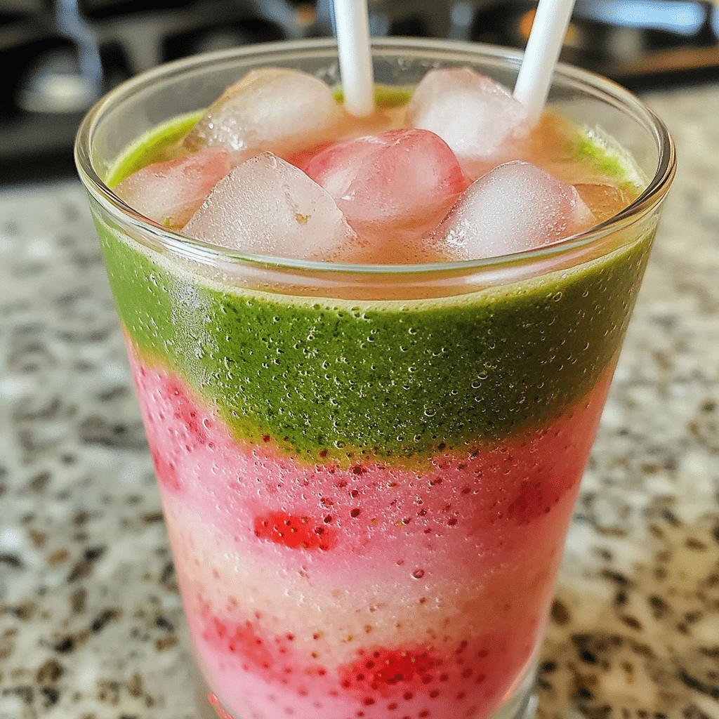 iced strawberry matcha latte with pink strawberry layer and green matcha layer