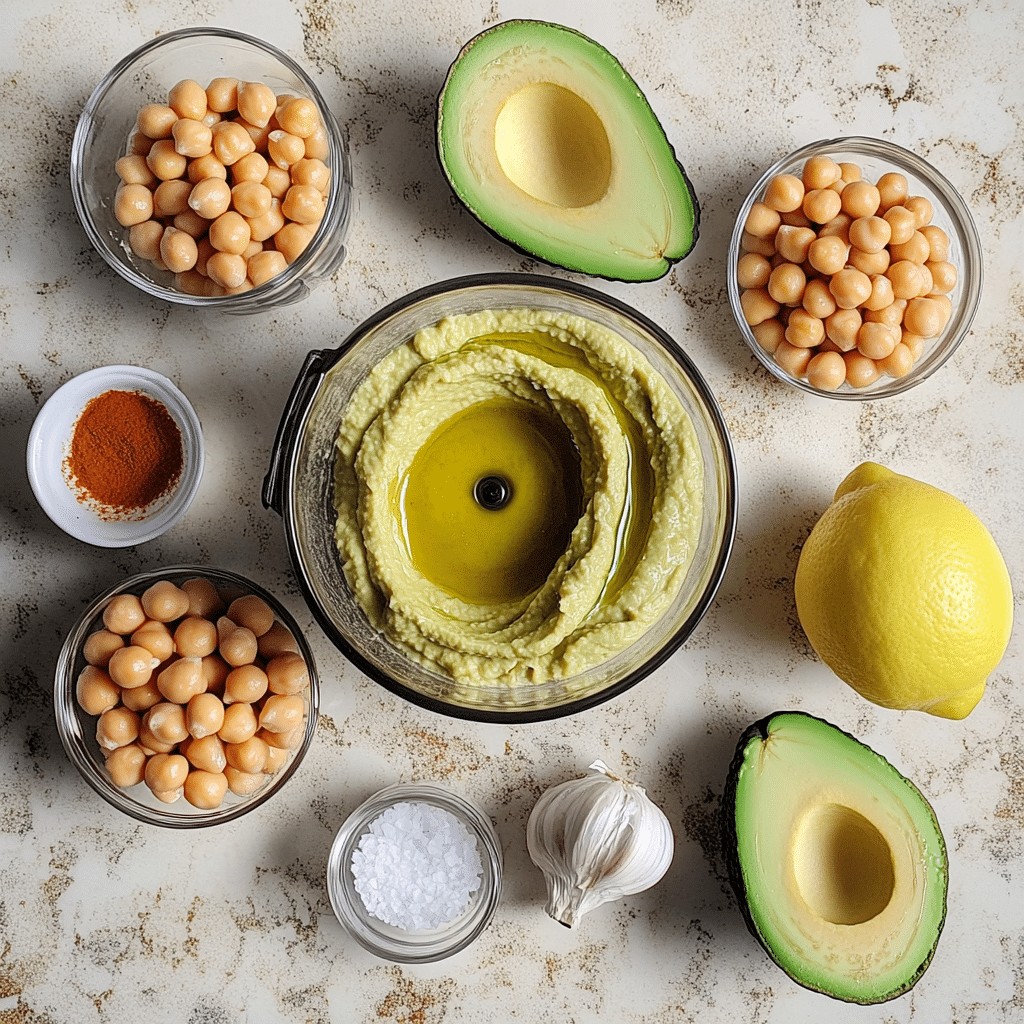 ingredients for avocado hummus including chickpeas avocado tahini lemon and garlic
