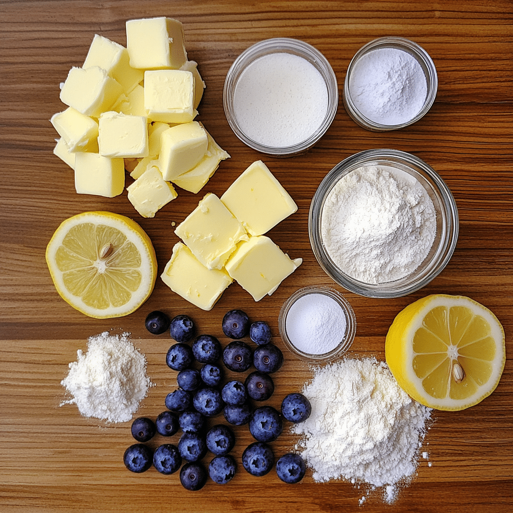Ingredients laid out for blueberry sourdough scones with butter and blueberries