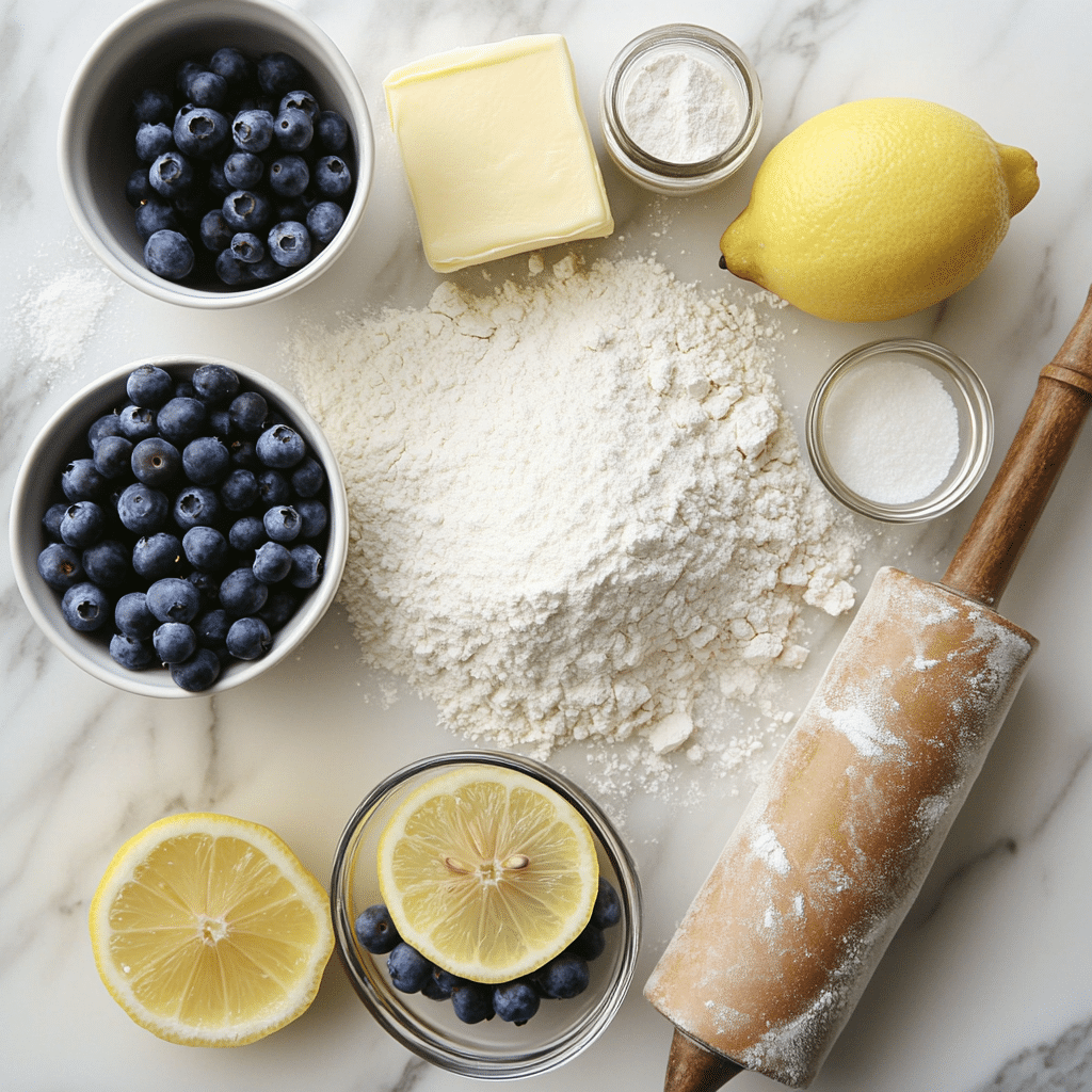 Ingredients laid out for blueberry sweet rolls and lemon glaze