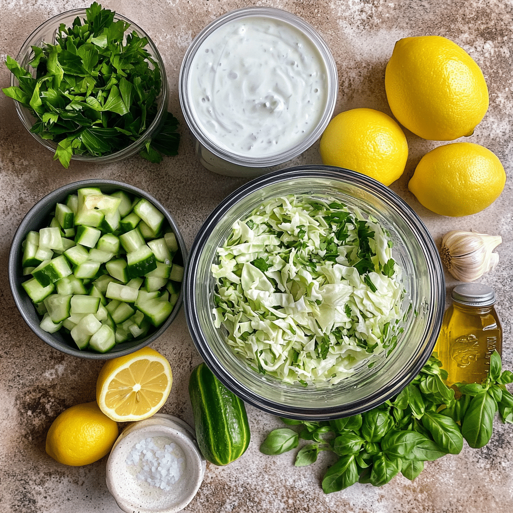 ingredients for green goddess salad including cabbage cucumber herbs lemon garlic olive oil and yogurt
