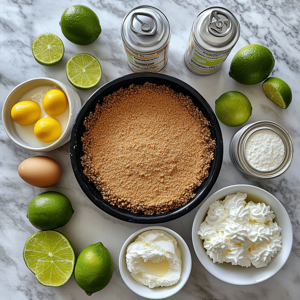 ingredients for key lime pie including graham crumbs condensed milk egg yolks and limes